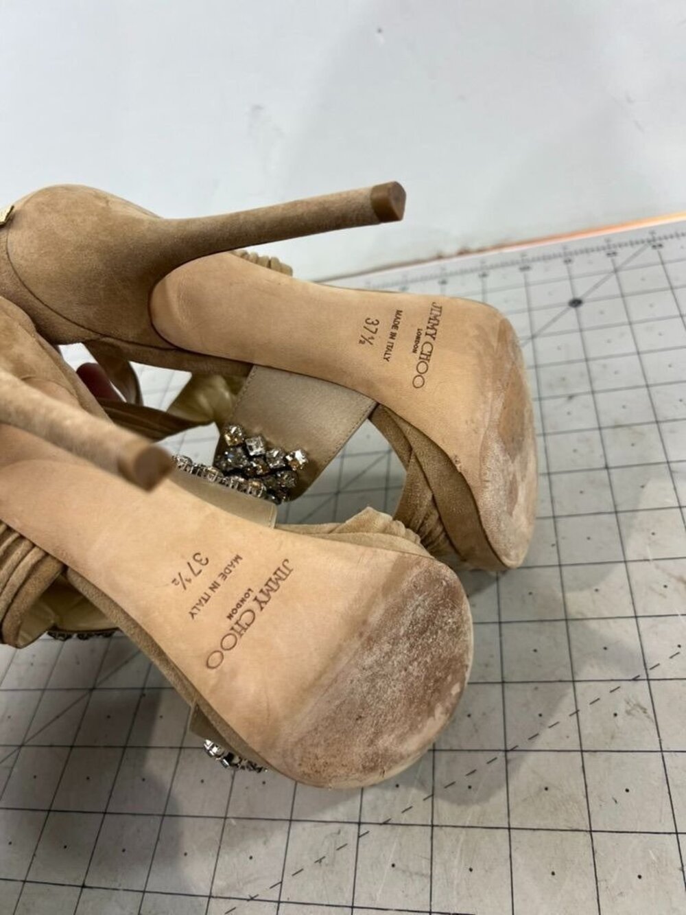 Jimmy Choo Beige Suede Crystal Embellished Strappy High Heels Zip Sz. 37.5 EU - Picture 7 of 11